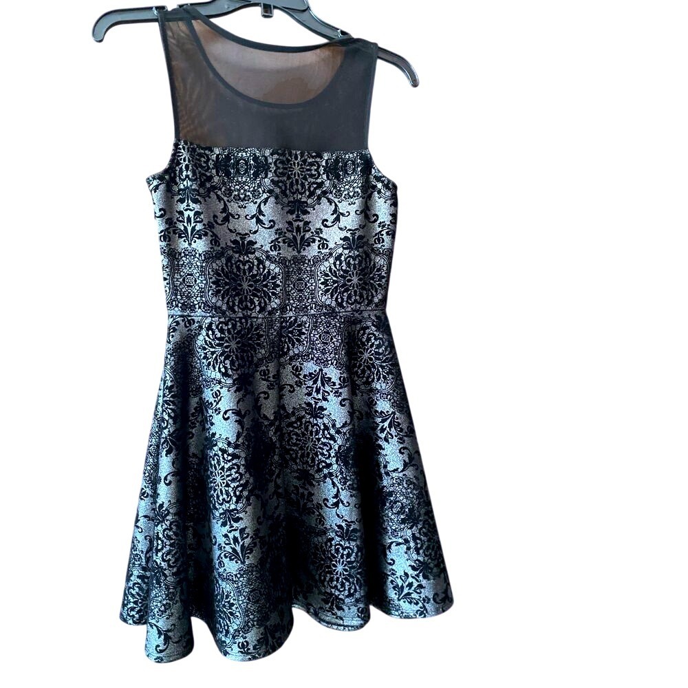 Trixxi Metallic Silver Black Damask Mesh Illusion Fit & Flare Party Dress Size S